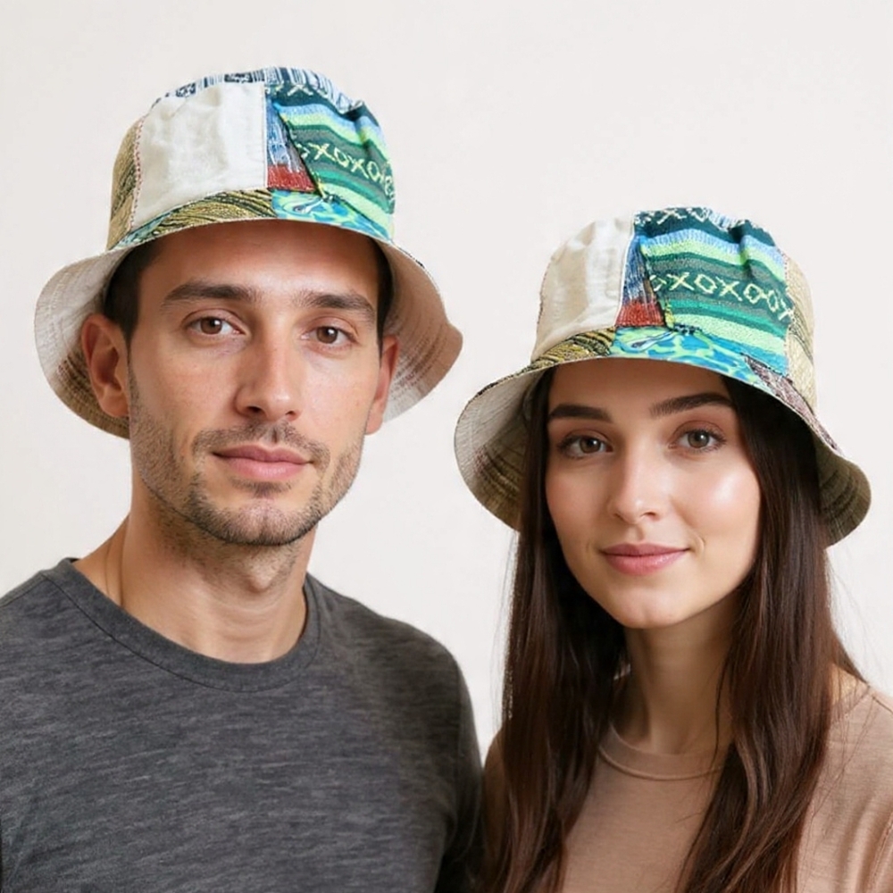 Handmade Hemp Patchwork Bucket Hat: Eco-Friendly Hippie Style